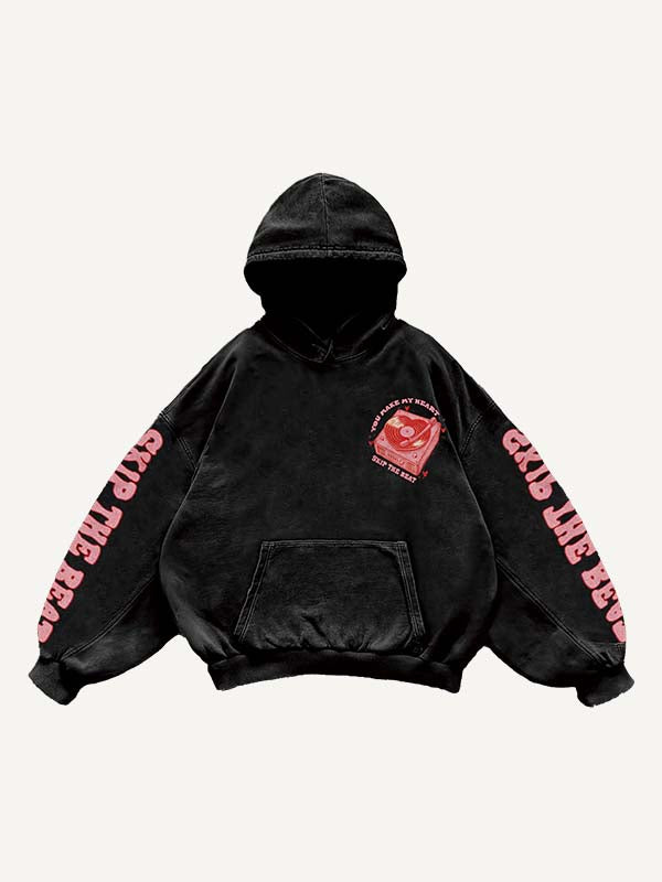 Heart-beating Music Heart&Letter Graphic Print Slant Pockets Hoodie