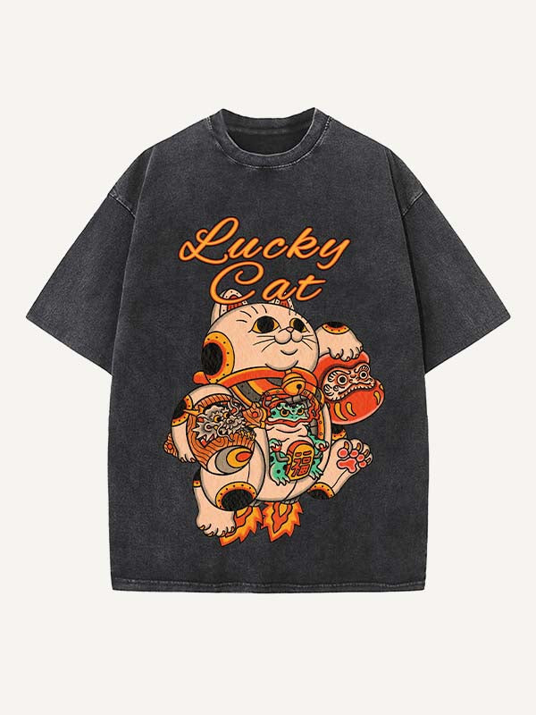 Camiseta de cuello redondo con estampado desgastado de gato, dragón, animal y gráfico 