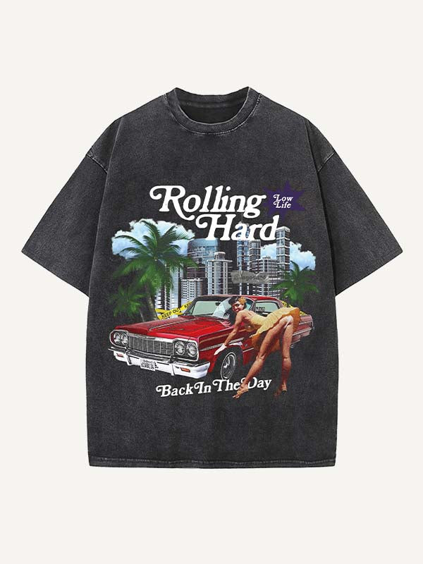 Camiseta de cuello redondo con estampado desgastado de figuras, ciudades, gráficos, dinero y letras 