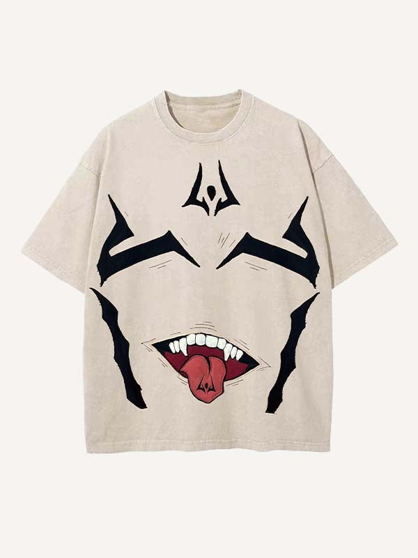 Camiseta de cuello redondo con estampado desgastado de lengüeta lavada y calcomanía falsa gráfica 