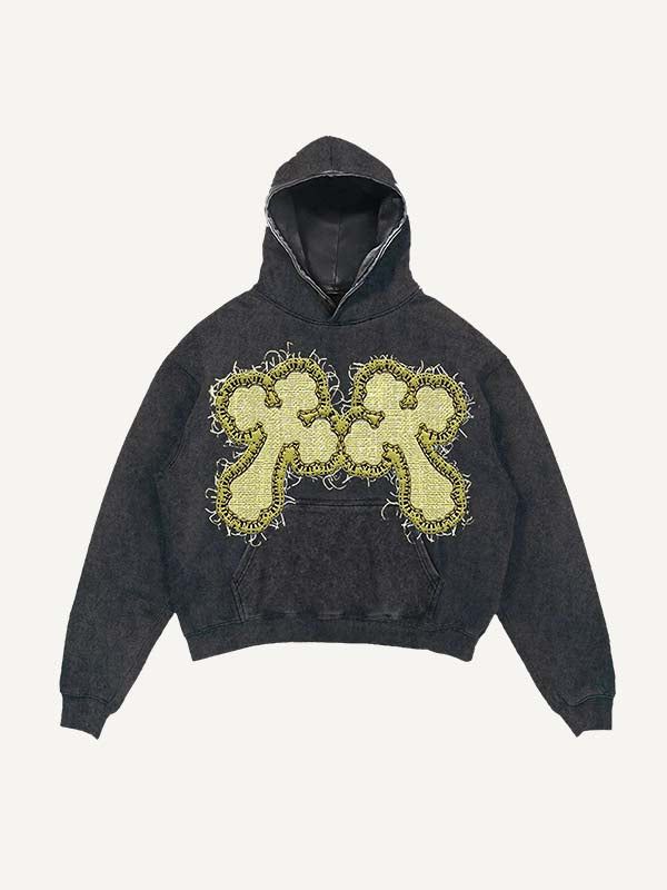 Sudadera con capucha y bolsillos inclinados con estampado de cruz y calavera lavada y desgastada