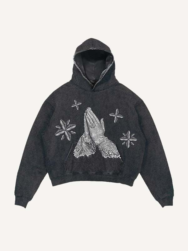 Sudadera con capucha y bolsillos inclinados con estampado de Mary y Letter Pray, desgastada y lavada 