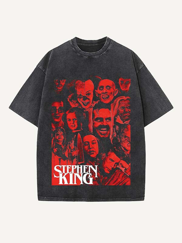 Camiseta de cuello redondo con estampado de terror de Halloween desgastado y lavado 