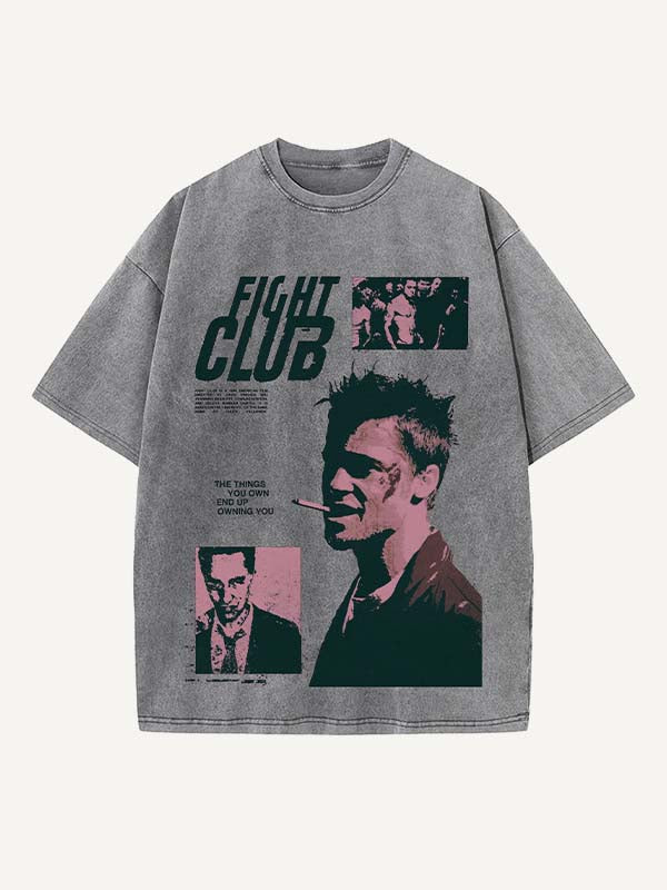 Camiseta de cuello redondo con estampado desgastado, figura lavada, humo y letras 