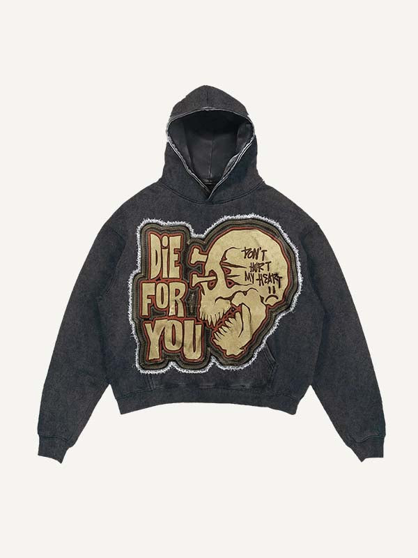 Sudadera con capucha desgastada, lavado y con estampado de calavera falsa "Die For You" y bolsillos inclinados 
