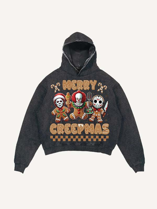 Sudadera con capucha y bolsillos inclinados con estampado de terror navideño desgastado y lavado