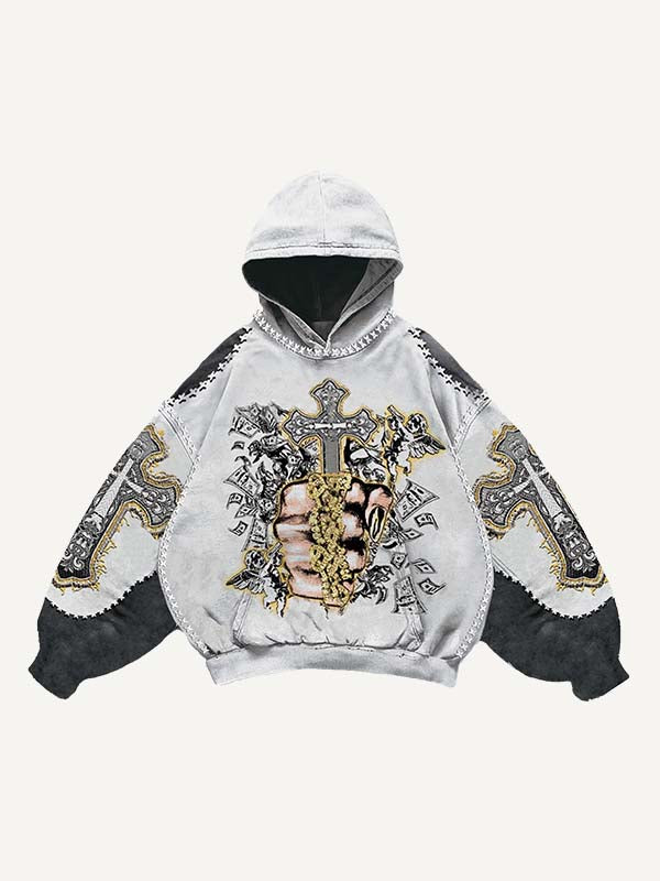 Sudadera con capucha y bolsillos inclinados con estampado de palmeras, cruces, letras, ángeles y dinero en bloques de color 