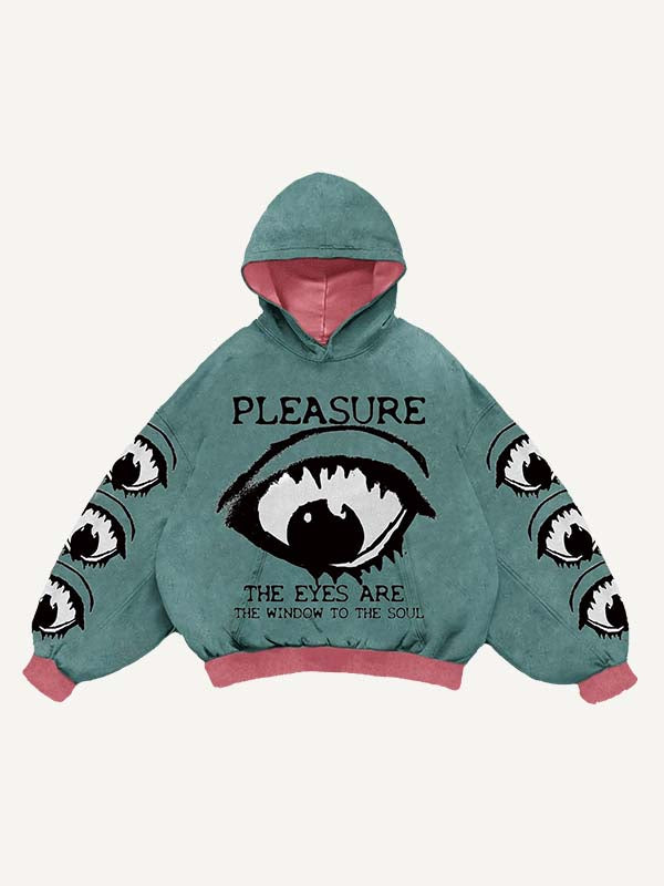 Sudadera con capucha y bolsillos inclinados con estampado de ojos y letras 