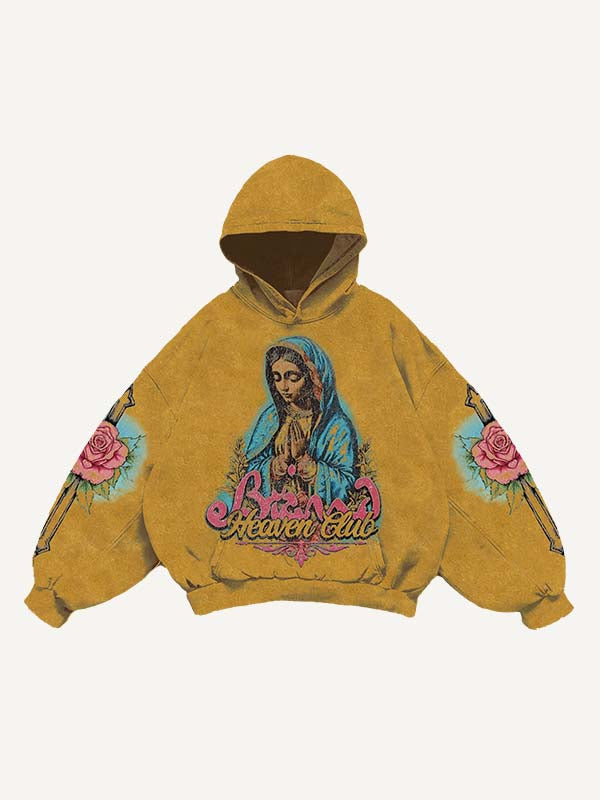 Sudadera con capucha y bolsillos inclinados con estampado de figuras, María, cruz, flores y letras 