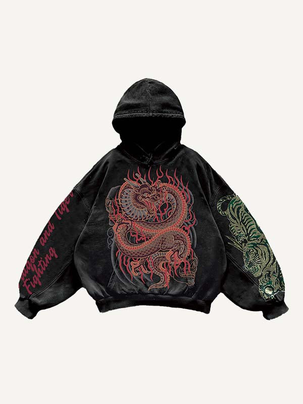 Sudadera con capucha y bolsillos inclinados con estampado de dragón, tigre, calavera y letras 