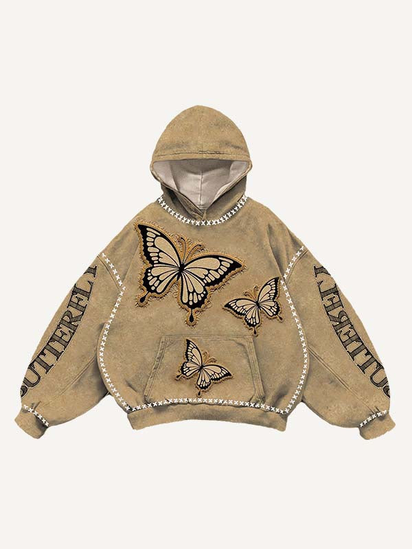 Butterfly&Letter Faux Decal Print Slant Pockets Hoodie