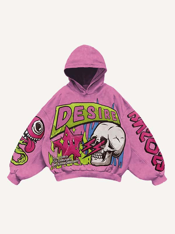Sudadera con capucha y bolsillos inclinados con estampado de globo ocular, calavera, estrella, lengua, fuego y letras 