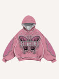 Fire Butterfly Faux Rhinestones Print Faux Decal Print Slant Pockets Hoodie