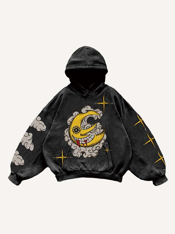 Sudadera con capucha y bolsillos inclinados con estampado de luna, sol, estrellas y nubes malvadas 