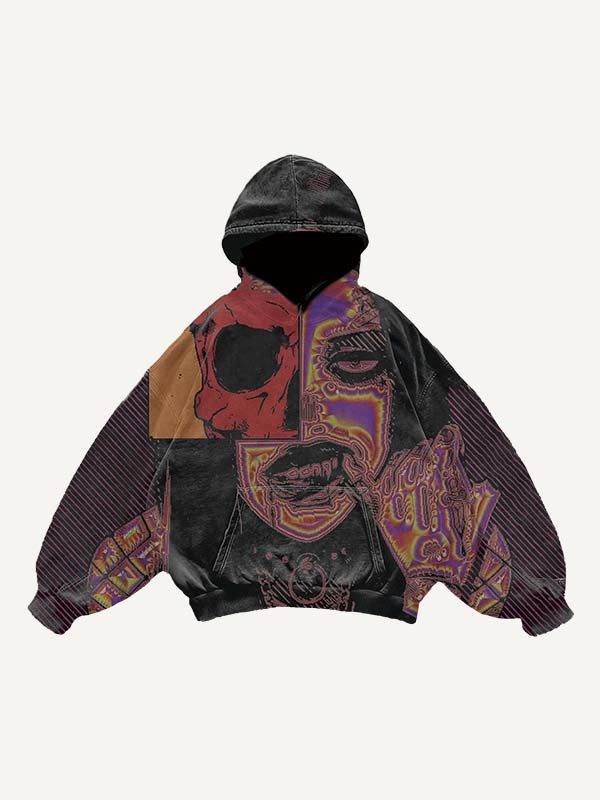 Sudadera con capucha, bolsillos inclinados, estampado de calaveras y figuras con rayas en bloques de color 