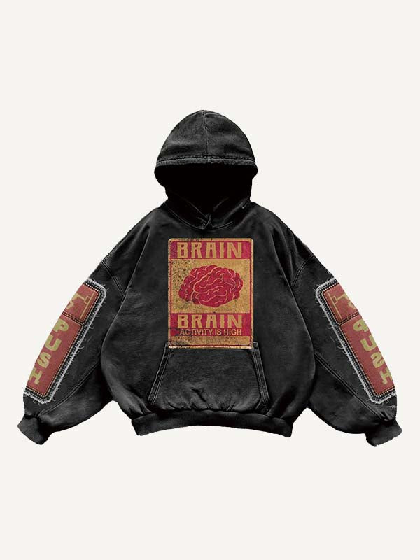 Sudadera con capucha y bolsillos inclinados con estampado gráfico de letras y calcomanías falsas 