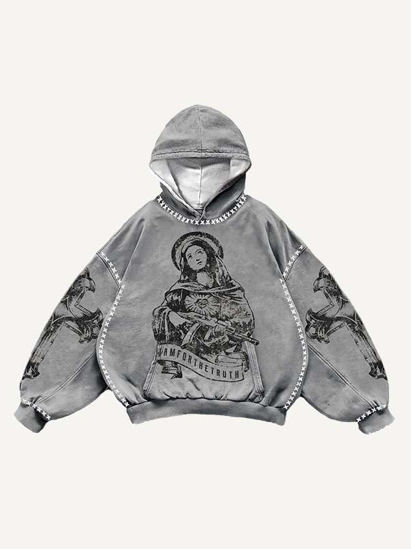 Sudadera con capucha y bolsillos inclinados con estampado de figuras, cruces, letras y gráficos 