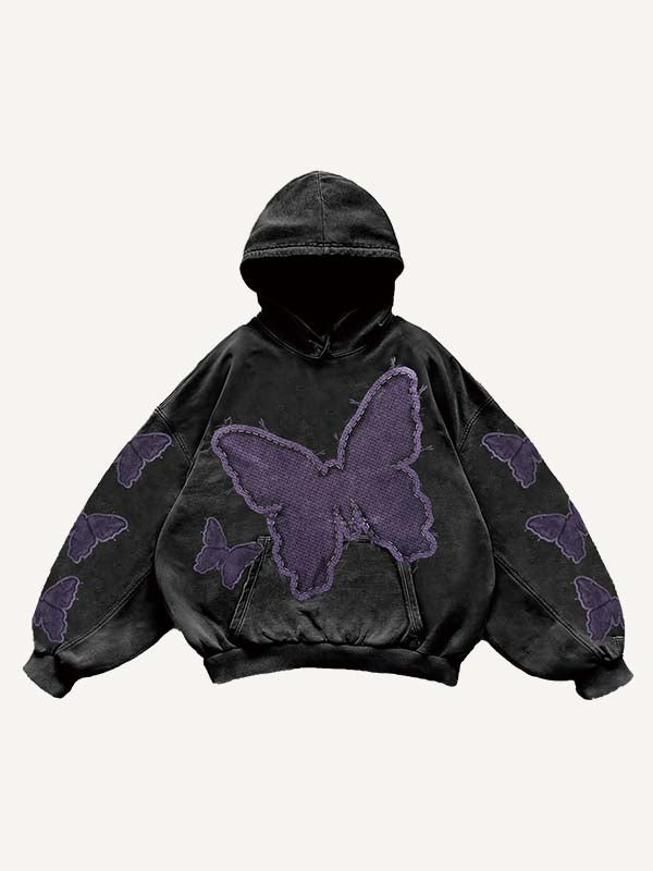 Sudadera con capucha y bolsillos inclinados con estampado de calcomanías falsas de mariposas 