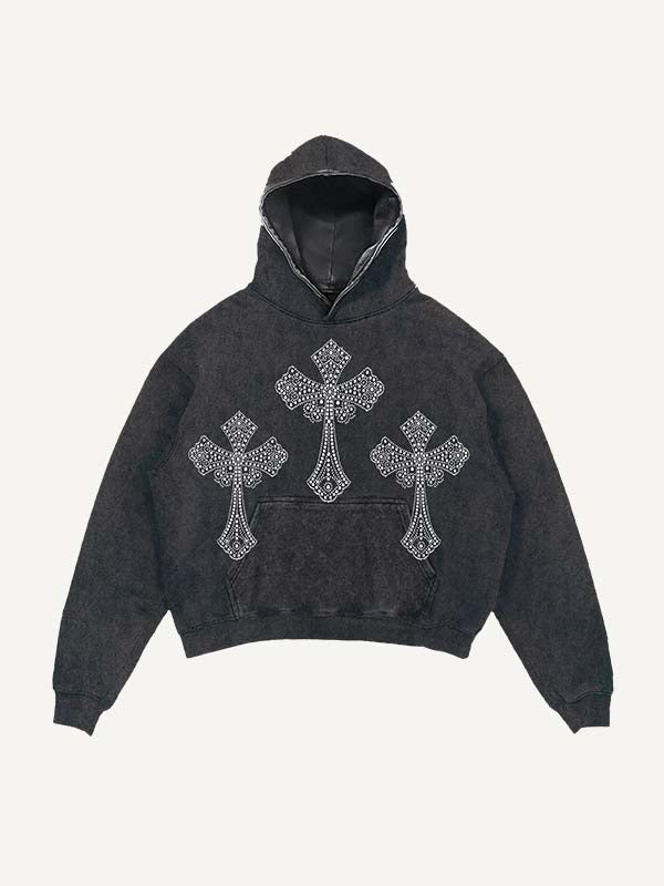 Sudadera con capucha y bolsillos inclinados con estampado de alas y cruces de imitación de diamantes de imitación y efecto desgastado 