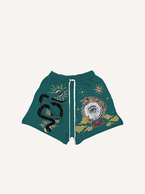Shorts con cintura con cordón y estampado gráfico de ojos, nubes, serpientes y palmeras 