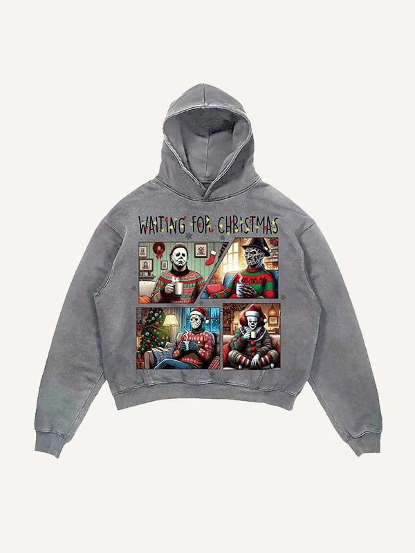 Sudadera con capucha y bolsillos inclinados con estampado de terror navideño desgastado y lavado