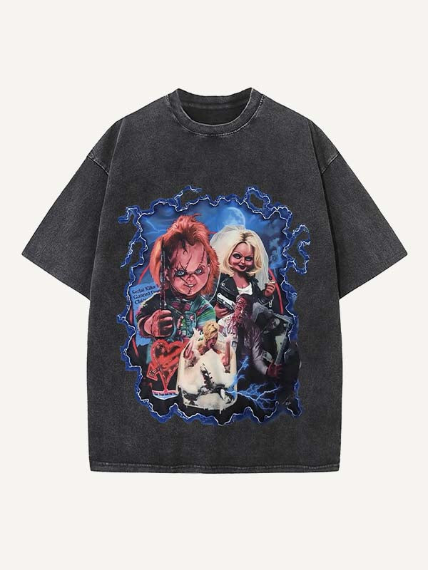 Camiseta de cuello redondo con estampado de terror desgastado y lavado 