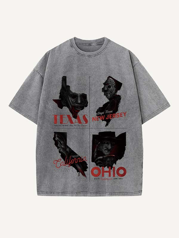 Camiseta de cuello redondo con estampado de terror de Halloween desgastado y lavado 