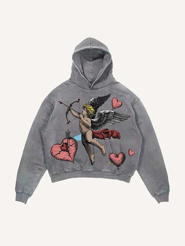 Sudadera con capucha y bolsillos inclinados con estampado de Cupido y Corazón desgastado y lavado 