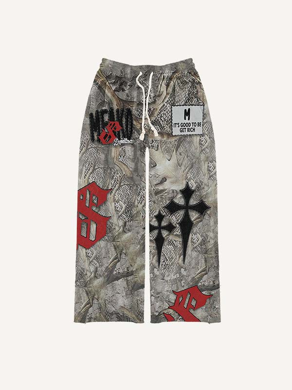 Cross&Letter&Branches Print Elastic Waist Pants