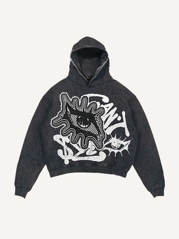 Sudadera con capucha y bolsillos inclinados con estampado de calcomanías falsas de ojos y letras desgastadas 