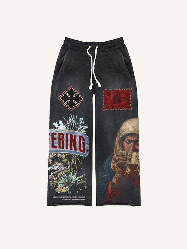 Pantalones con cintura elástica y estampado de figuras, dinero, cruces, gráficos y letras 