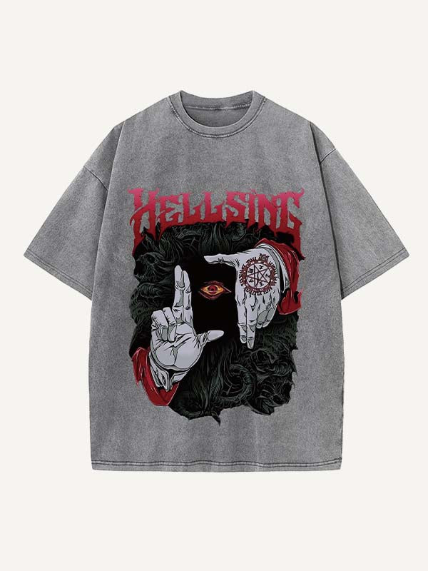 Camiseta de cuello redondo con estampado desgastado de ojos, palmas, letras y gráficos 