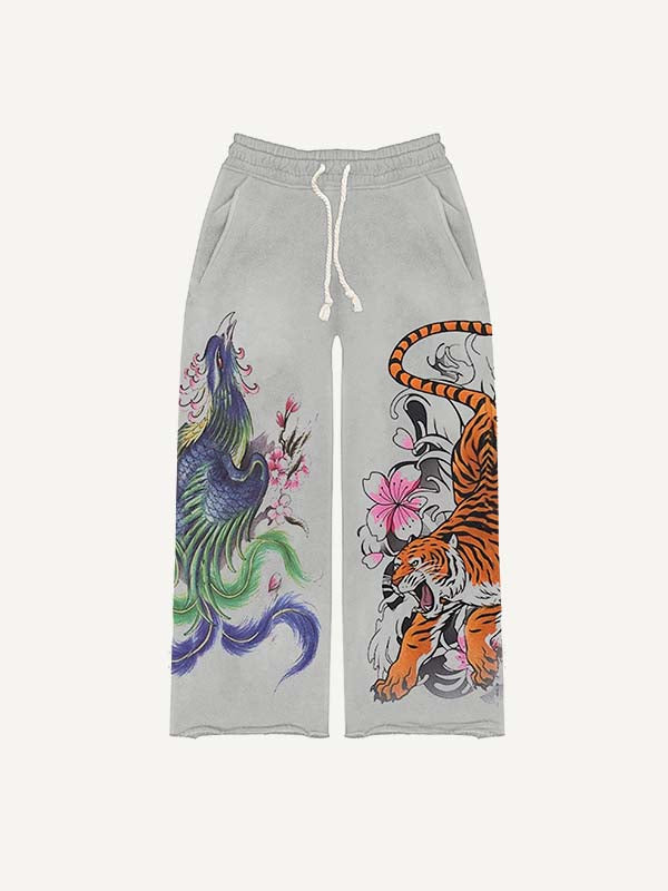 Pantalones con cordón en la cintura y estampado de dragón, tigre y fénix