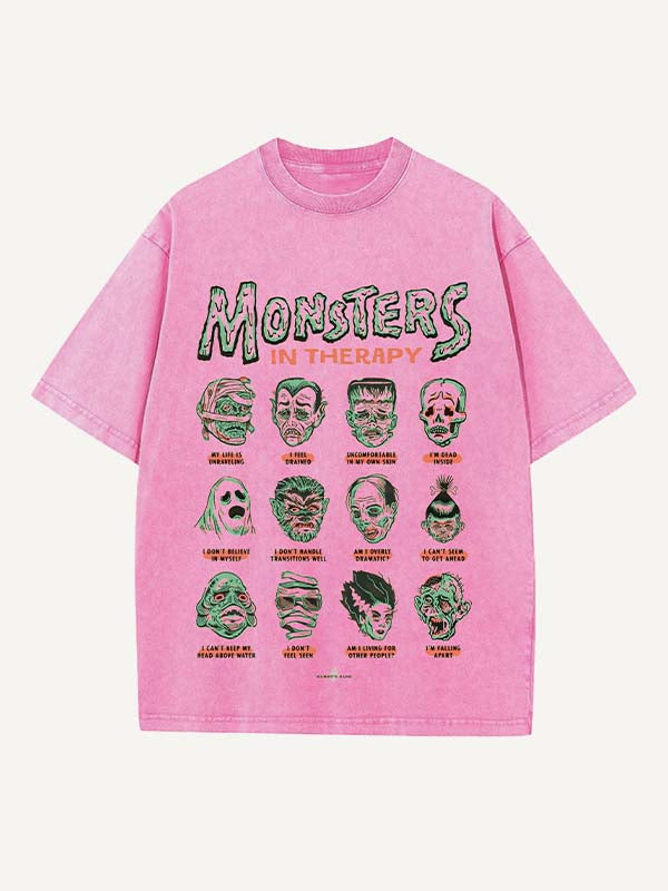 Camiseta de cuello redondo con estampado de terror de Halloween desgastado y lavado