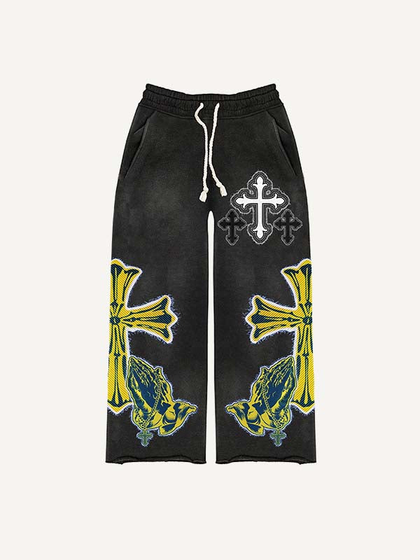 Pantalones con cintura elástica y estampado de calcomanías falsas de Figure&amp;Pray&amp;Cross 