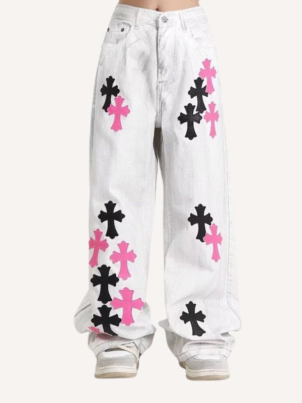 Cross Patch Embroidered Straight Jeans