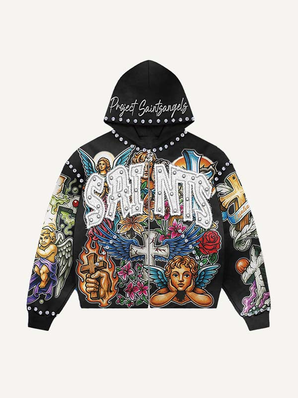 Abrigo con capucha y cremallera con estampado de ángel, cruz, alas, flores, gráficos y letras 