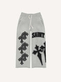 Cross&Letter Faux Decal Print Elastic Waist Pants