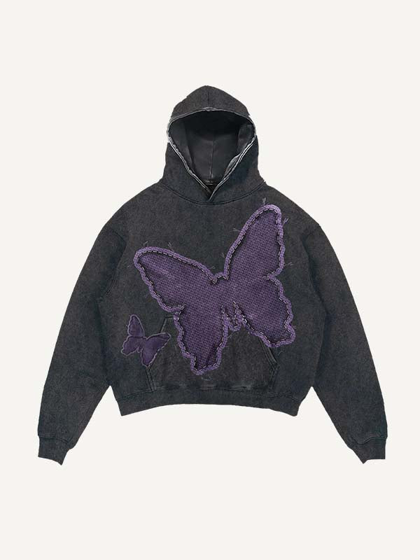 Sudadera con capucha y bolsillos inclinados con estampado de mariposas lavadas y desgastadas