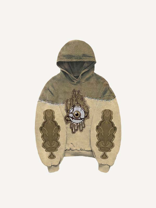 Sudadera con capucha y bolsillos inclinados con estampado de calcomanías falsas de ojos en bloques de color 