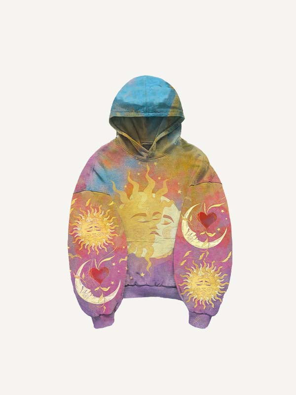 Sudadera con capucha y bolsillos inclinados con estampado de figura, corazón, sol, luna y nubes 