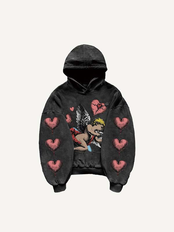 Cupid&Heart Print Slant Pockets Hoodie