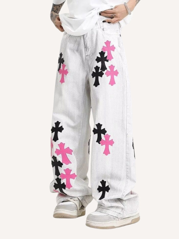 Cross Patch Embroidered Straight Jeans