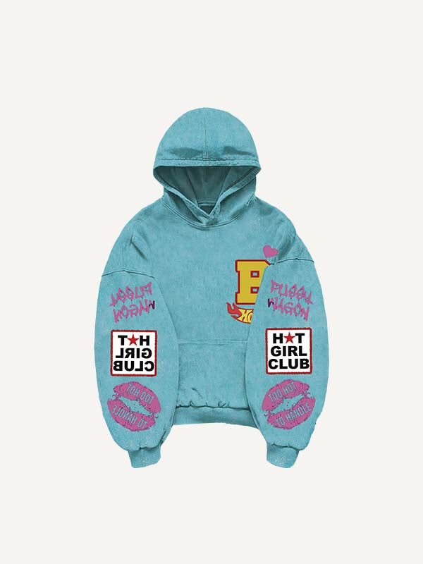 Sudadera con capucha y bolsillos inclinados con estampado de calcomanías falsas de figura, labios, corazón y letras 