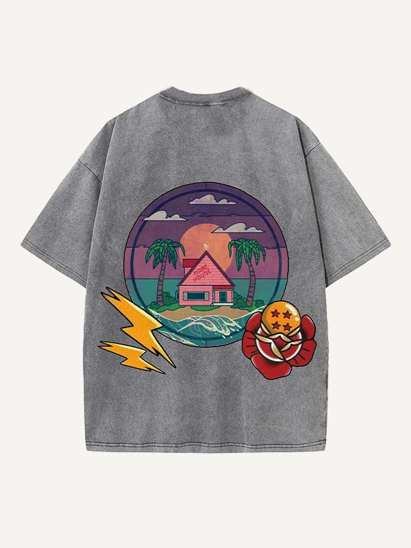 Camiseta de cuello redondo con estampado gráfico de dragón y casa desgastada 