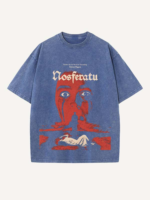 Camiseta de cuello redondo con estampado de terror de Halloween desgastado y lavado 