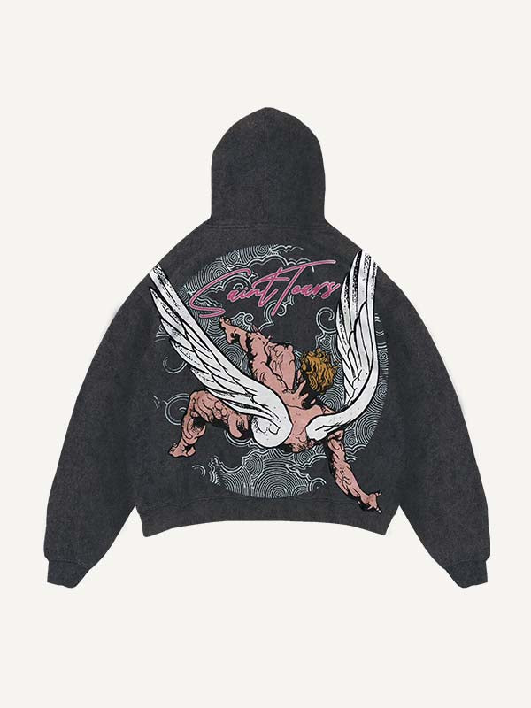 Sudadera con capucha y bolsillos inclinados con estampado desgastado de figuras, alas y letras 