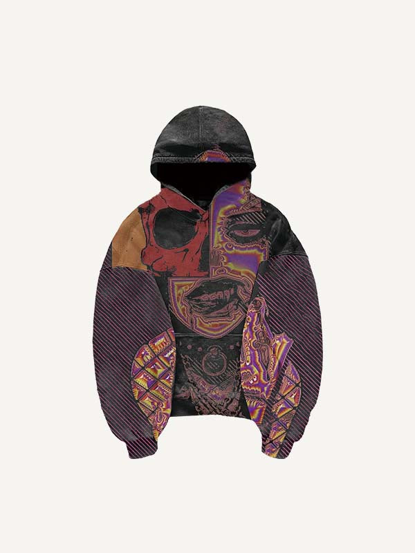 Sudadera con capucha, bolsillos inclinados, estampado de calaveras y figuras con rayas en bloques de color 