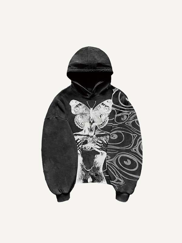 Sudadera con capucha y bolsillos inclinados con estampado de figura, ojos y mariposas