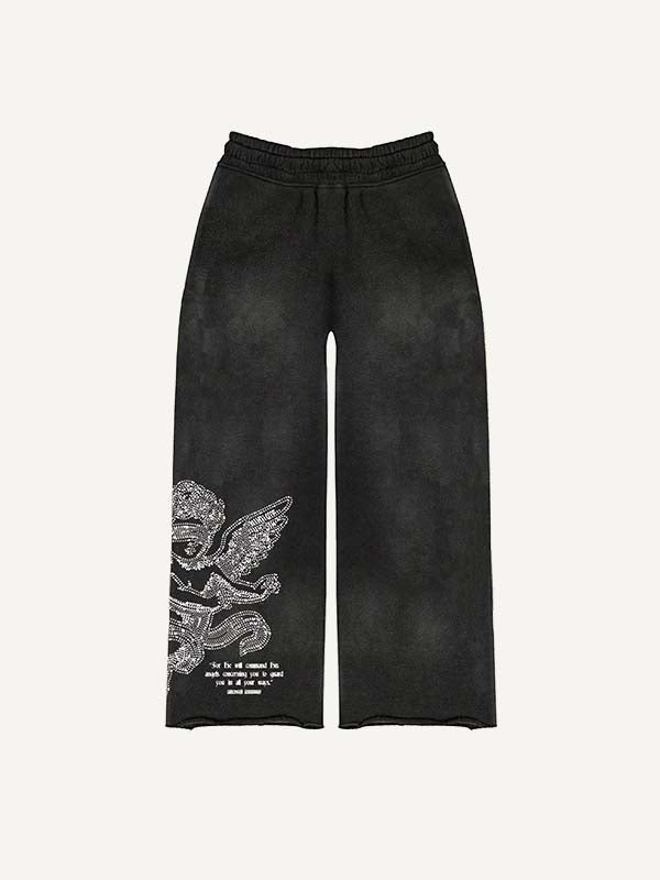 Pantalones con cintura elástica y estampado de pedrería sintética de ángel, fuego y letras 